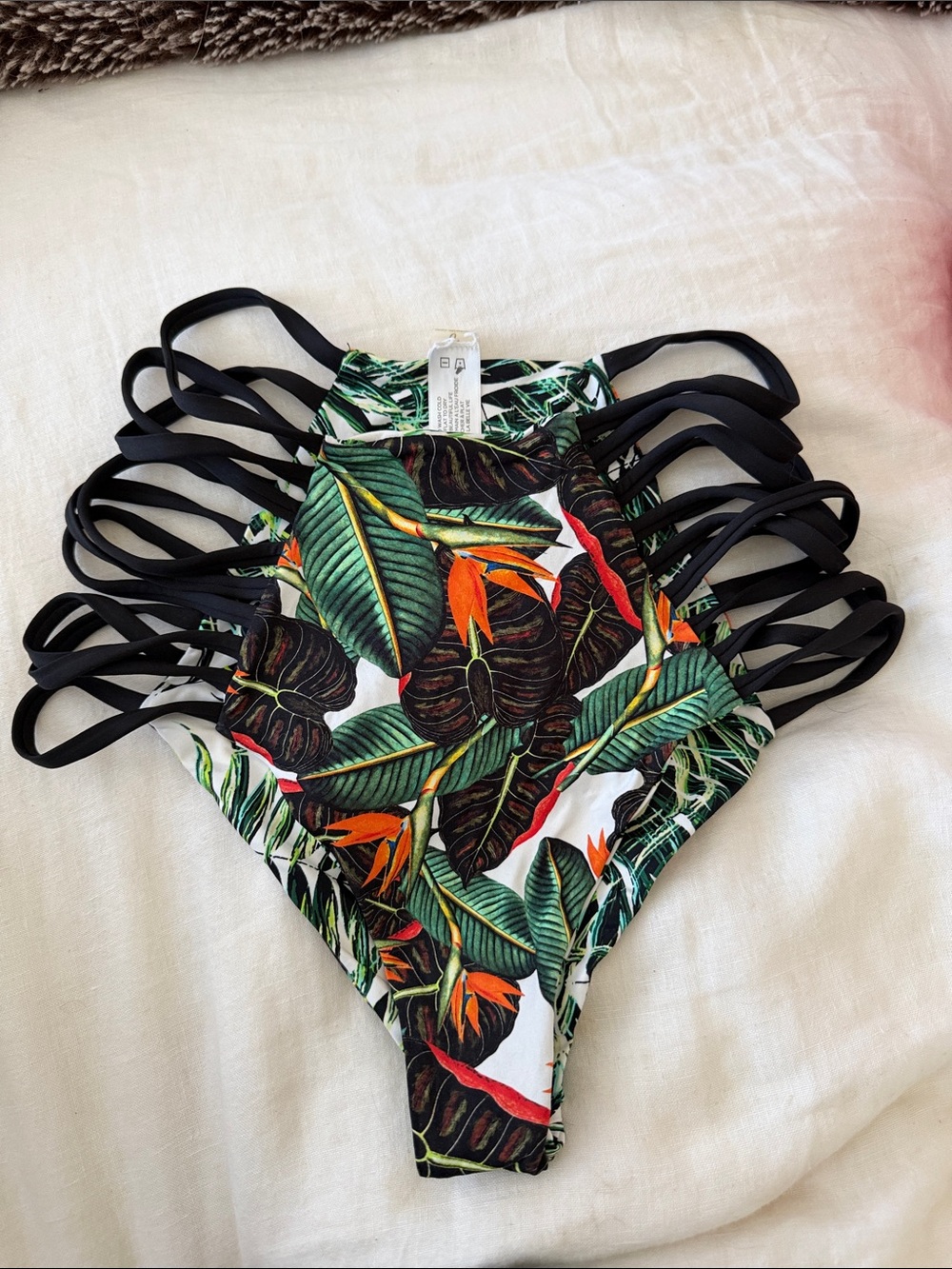 Reversible Tropical Leaf Print Girls' One-Piece Swimsuit with Black Straps